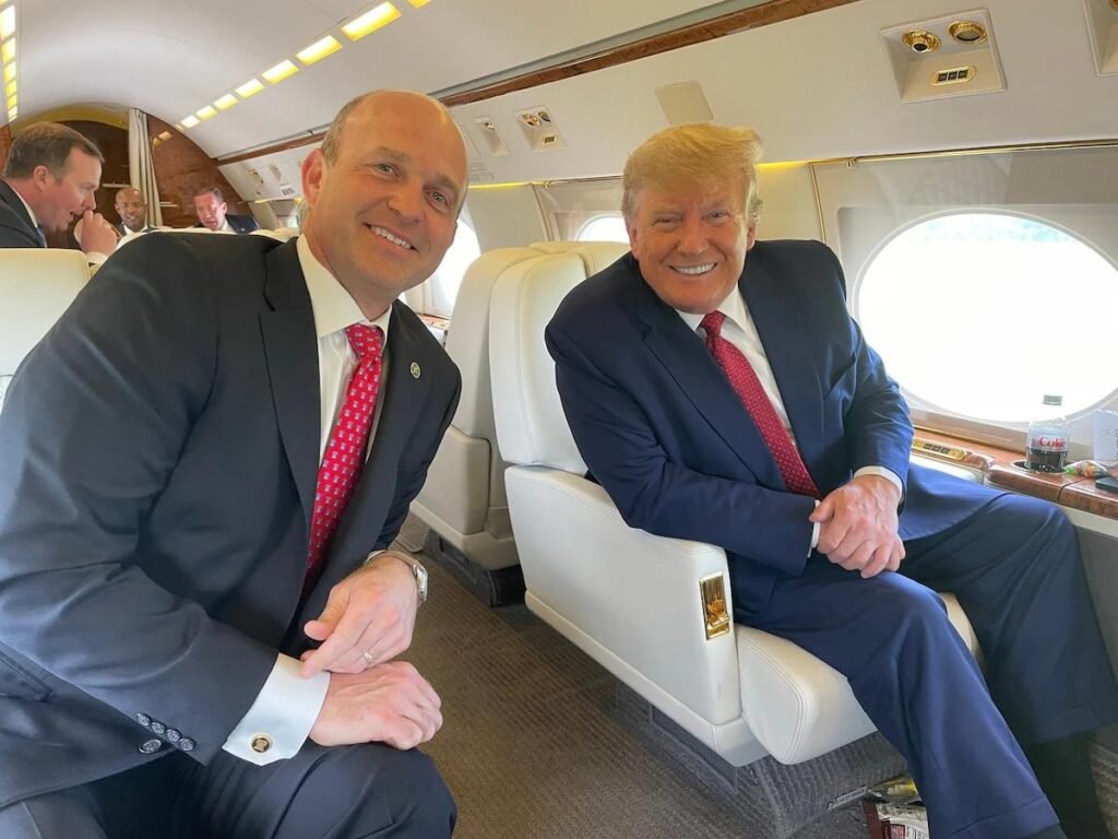 Donald Trump and Kevin Roberts (the author of Project 2025) pictured together in Trump’s private jet.