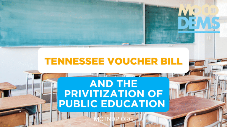 An empty public school classroom with the title "Tennessee Voucher Bill and the Privatization of Public Education"